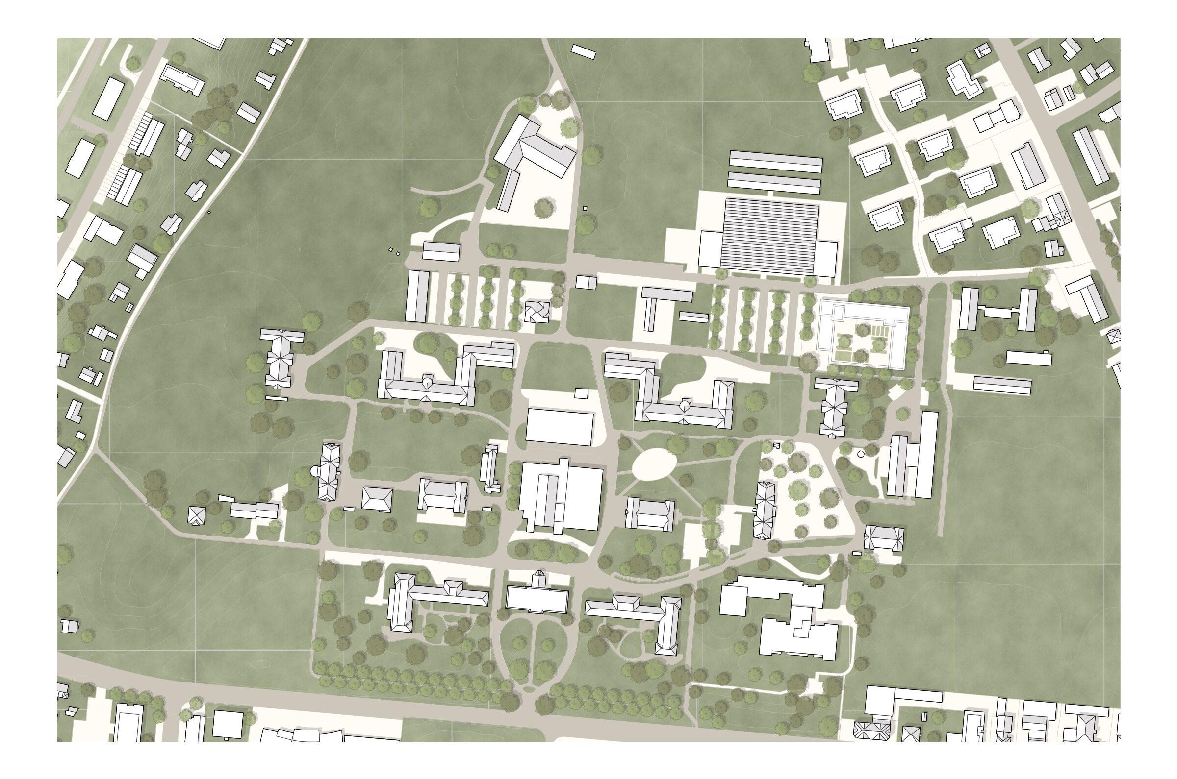 Lageplan: das Klinikareal Wil mit der U-förmigen Forensikstation im Nordwesten, eingebettet in Baumbestand