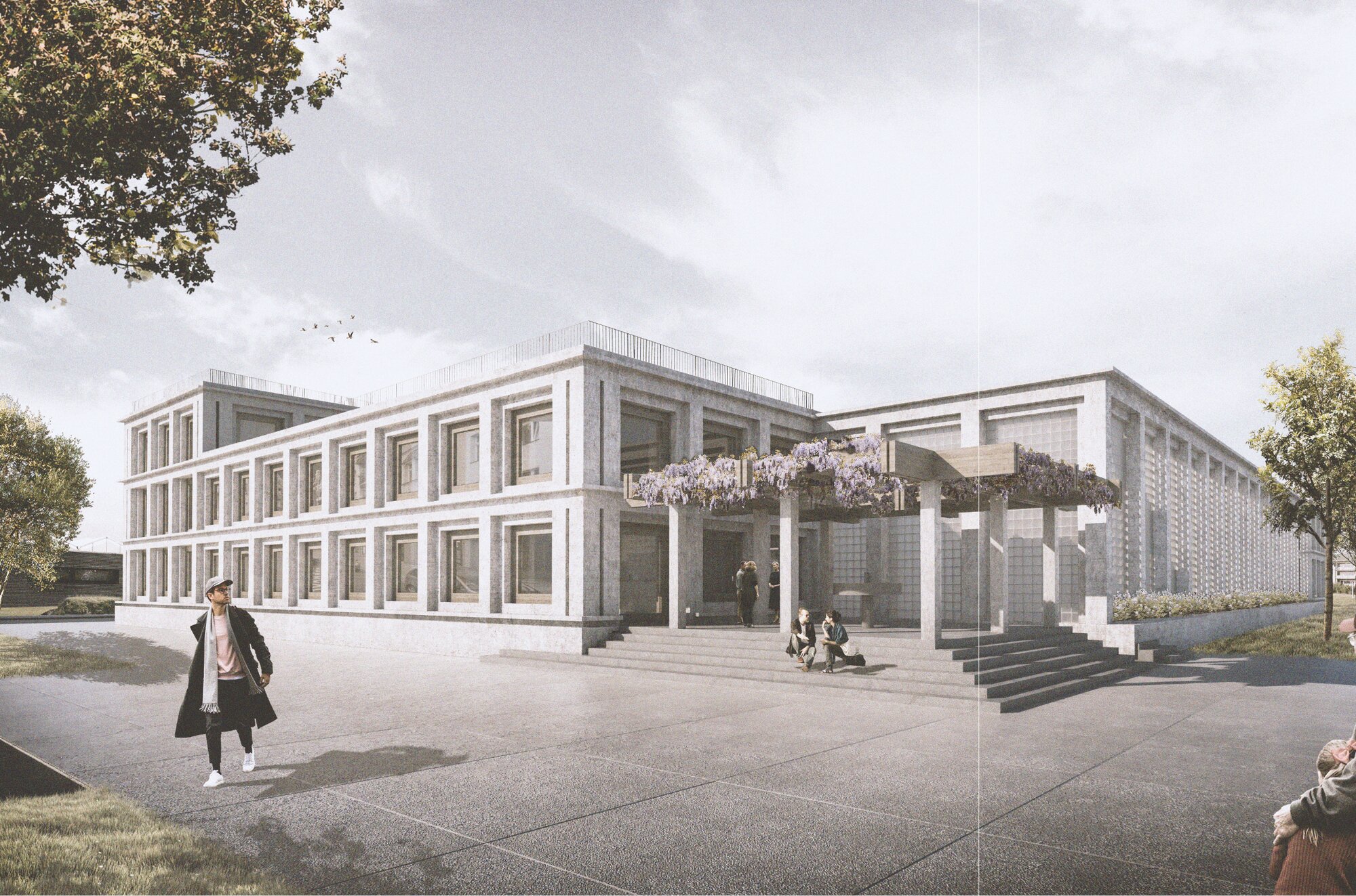 Außenrendering der Forensikstation: U-förmiger Baukörper mit gerasterter Betonfassade, Eingangstreppe und berankter Pergola