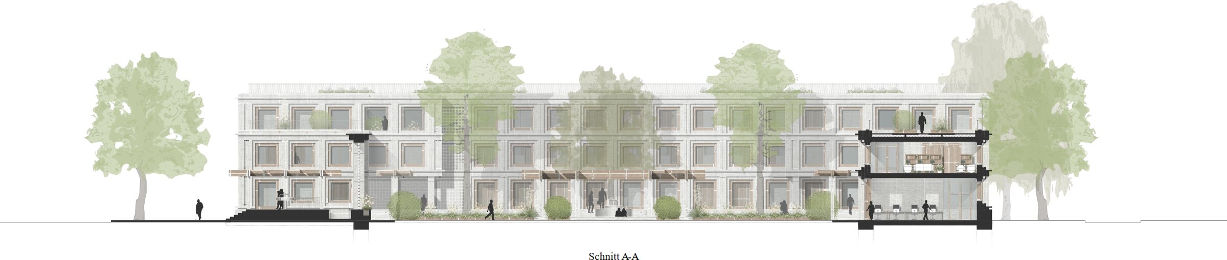 Längsschnitt A–A durch den Innenhof: Blick auf die Hoffassade mit Pergola, rechts der angeschnittene Gebäudeflügel
