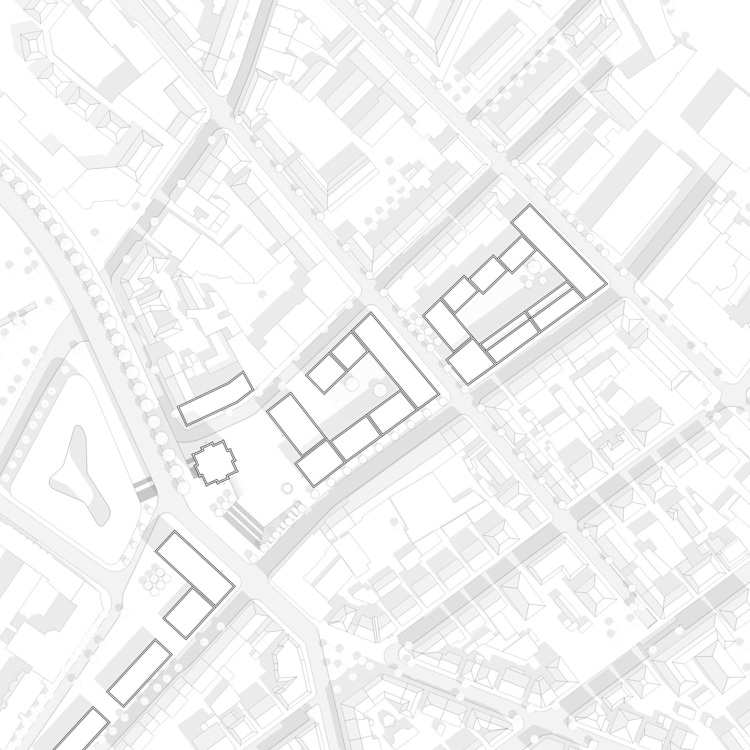Lageplan am Österreichischen Platz: die neuen Baukörper im Stadtgefüge an der Hauptstätter Straße