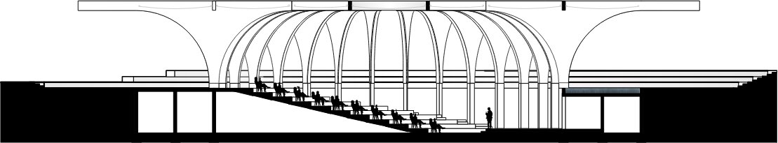 Schnitt durch das Amphitheater: das Bogendach über den ansteigenden Sitzstufen der Freilichtbühne