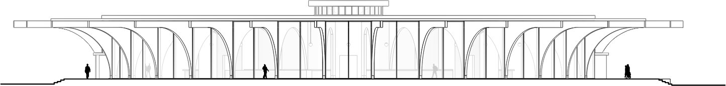 Ansicht der Halle: umlaufende Bogenfassade unter weit auskragendem Dachüberstand
