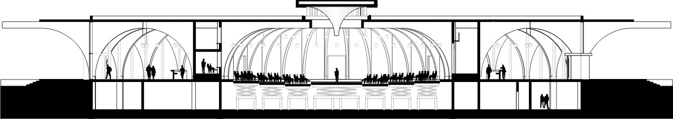 Schnitt durch die Halle: die radial überspannenden Stahlbetonbögen über der ansteigenden Bestuhlung