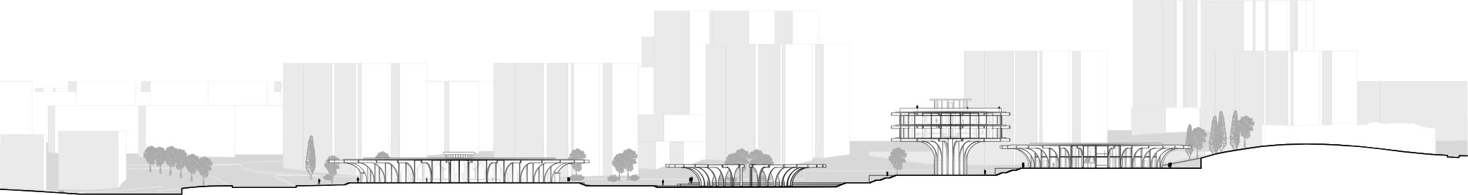 Stadtsilhouette: das niedrige, terrassierte Ensemble mit Gastroturm vor der Skyline von Lissabon
